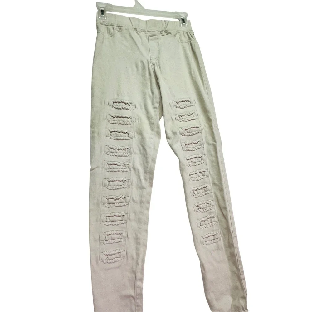 Umgee USA Cream Distressed Ladder Ruffle‎ Jeggings Skinny Pants Womens Small